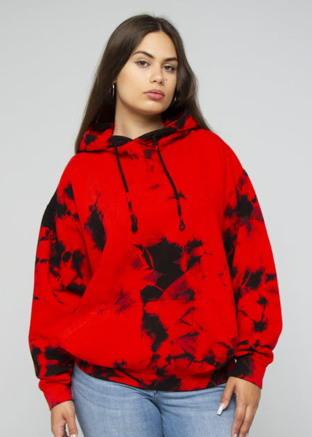 Red Black Crystal Wash Tie Dye Hoodie