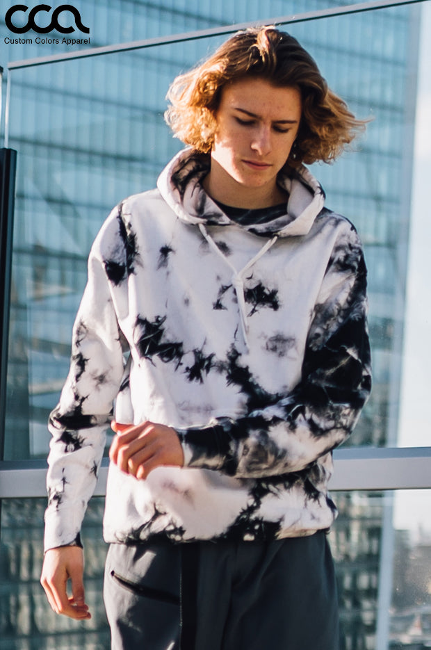 White / Black Crystal Wash Tie Dye Pullover Hoodie | Custom Colors Apparel