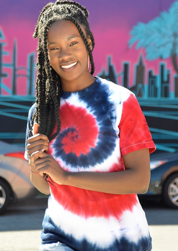 Red / White / Blue Spiral Tie Dye Short Sleeve T-Shirt | Custom Colors Apparel