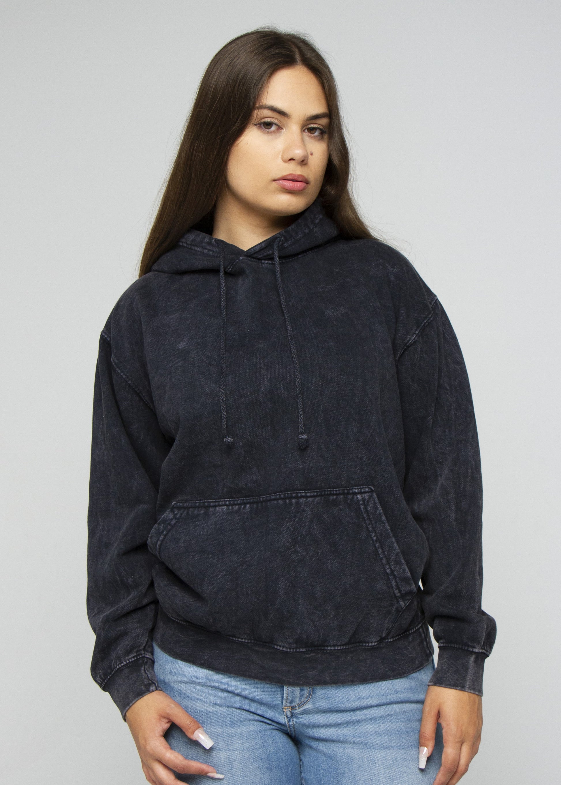 Black Mineral Wash Hoodie L