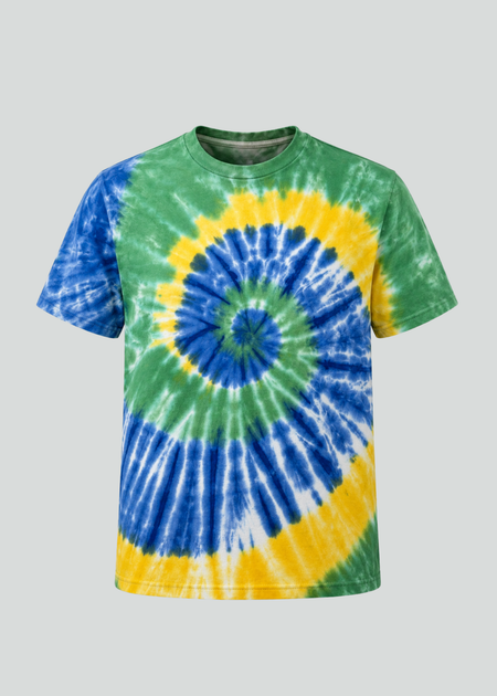 Tie-dye t-shirt with green, blue, and yellow spiral pattern on a gray background