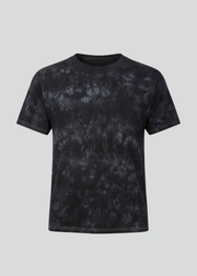 Black tie-dye t-shirt on a light gray background
