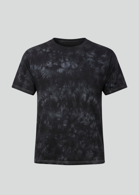 Black tie-dye t-shirt on a light gray background