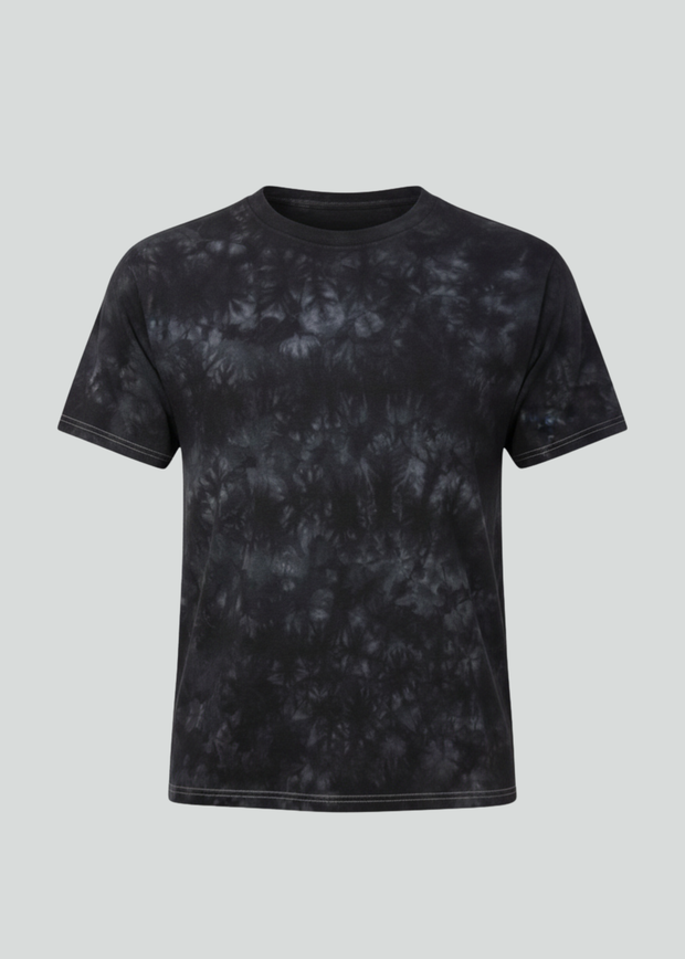 Black tie-dye t-shirt on a light gray background