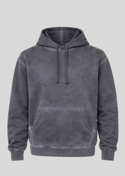 NAVY OIL WASH HOODIE ON A GREY BACKGROUND