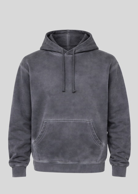 NAVY OIL WASH HOODIE ON A GREY BACKGROUND