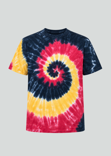 Tie-dye t-shirt with a spiral pattern on a gray background