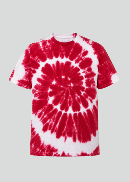 Red and white tie-dye t-shirt on a gray background