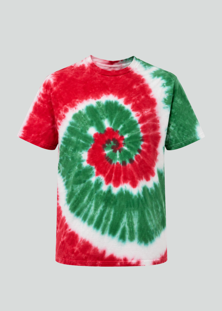 Tie-dye t-shirt with red, green, and white spiral pattern on a gray background