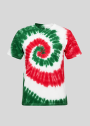 Tie-dye t-shirt with red and green spiral pattern on a gray background