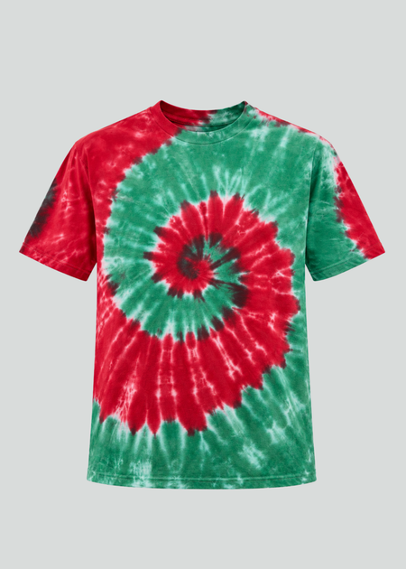 Tie-dye t-shirt with red and green spiral pattern on a gray background