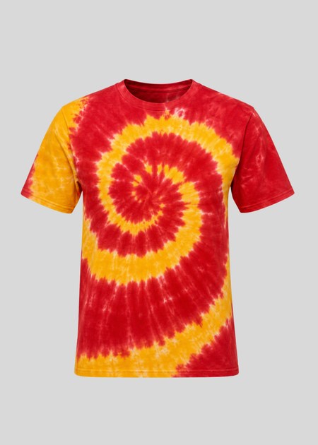 Tie-dye t-shirt with red and yellow spiral pattern on a gray background