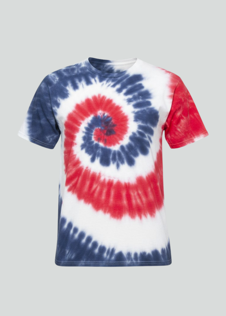 Tie-dye t-shirt with red, white, and blue spiral design on a gray background