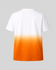 White t-shirt with a gradient orange design on a gray background