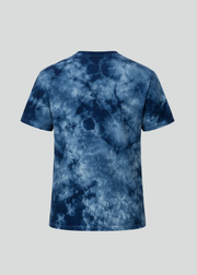 Blue tie-dye t-shirt on a light gray background